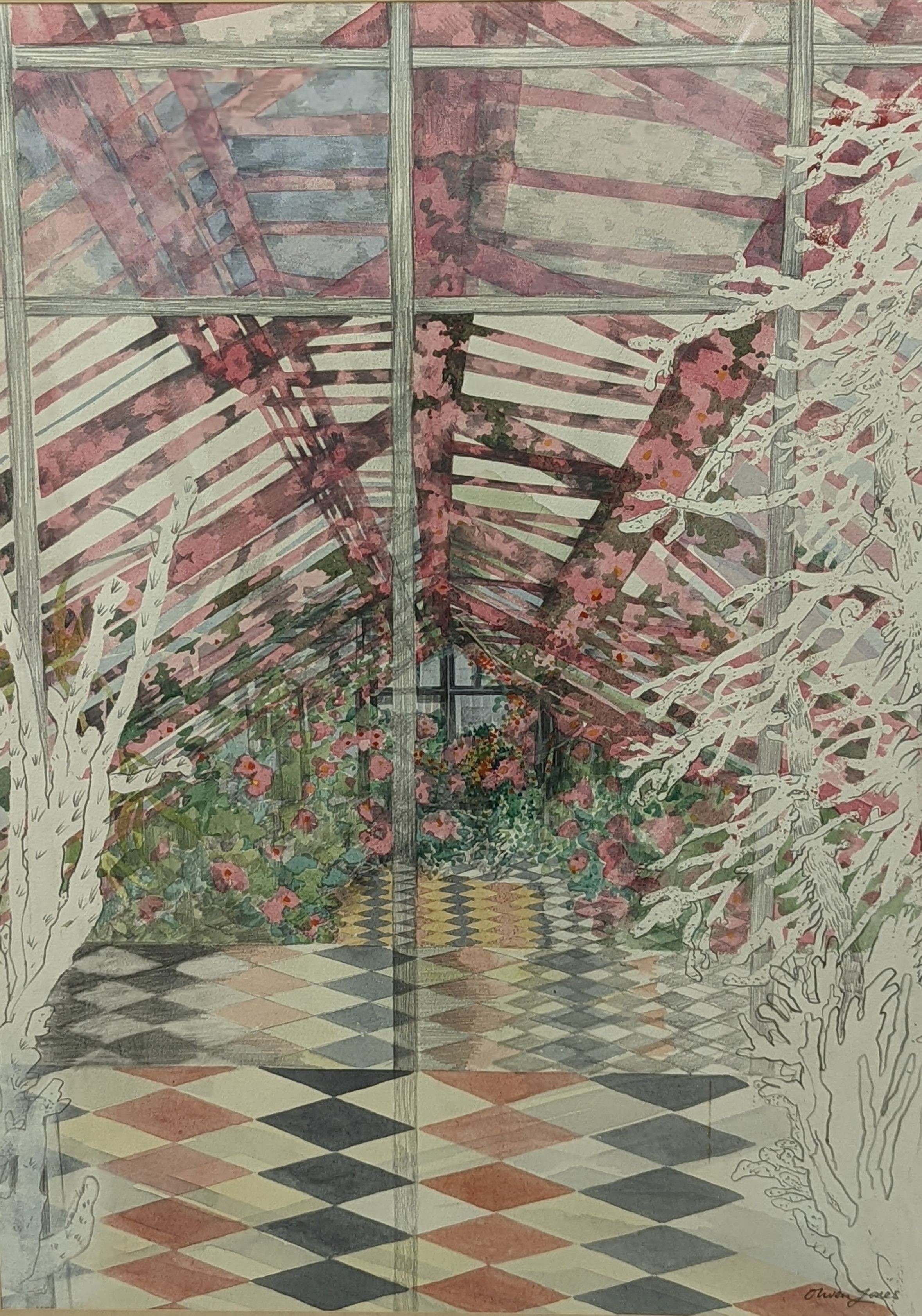 Olwen Jones (1945-), watercolour, 'Tiled Greenhouse', signed, 60 x 44cm